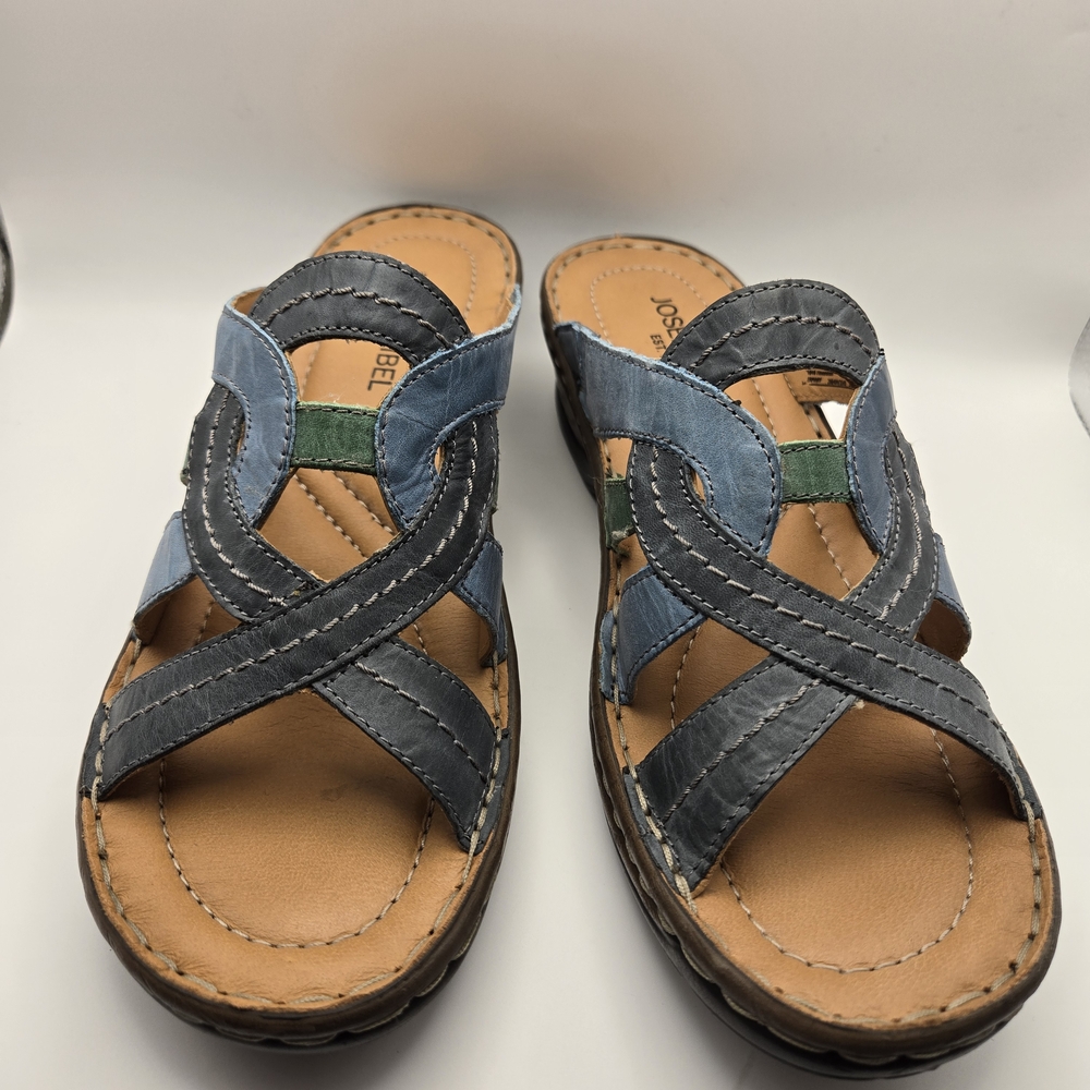 Josef Seibel Women's Blue and Green Slip On Leather Mule Sandals - Picture 2 of 9